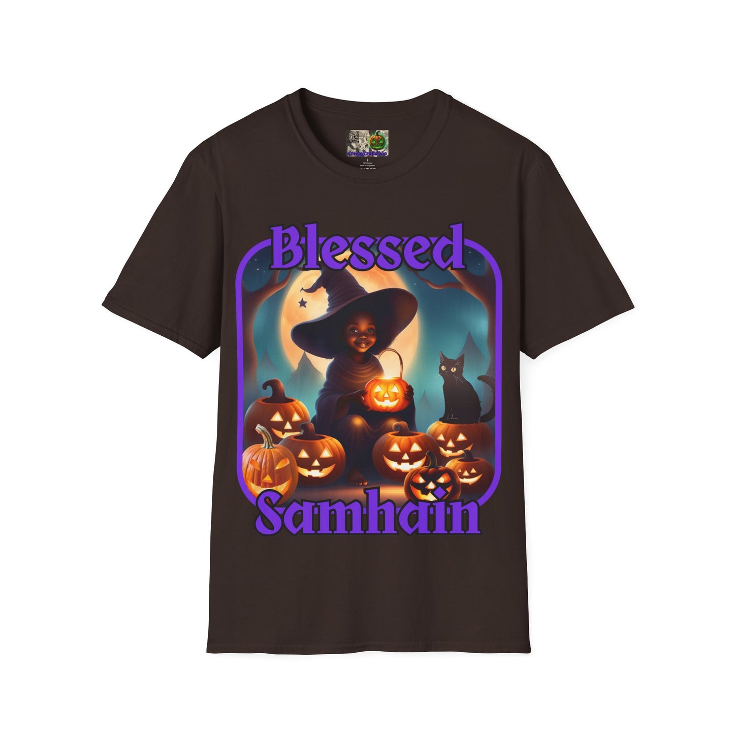 Blessed Samhain Cute Witch Purple font Dark colors Unisex T-Shirt by CreepyCrafts.boo