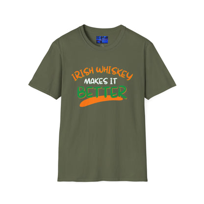 Irish Whiskey makes it better Orange, White, and Green font Dark colors Unisex T-Shirt by cypherpunkgear.com
