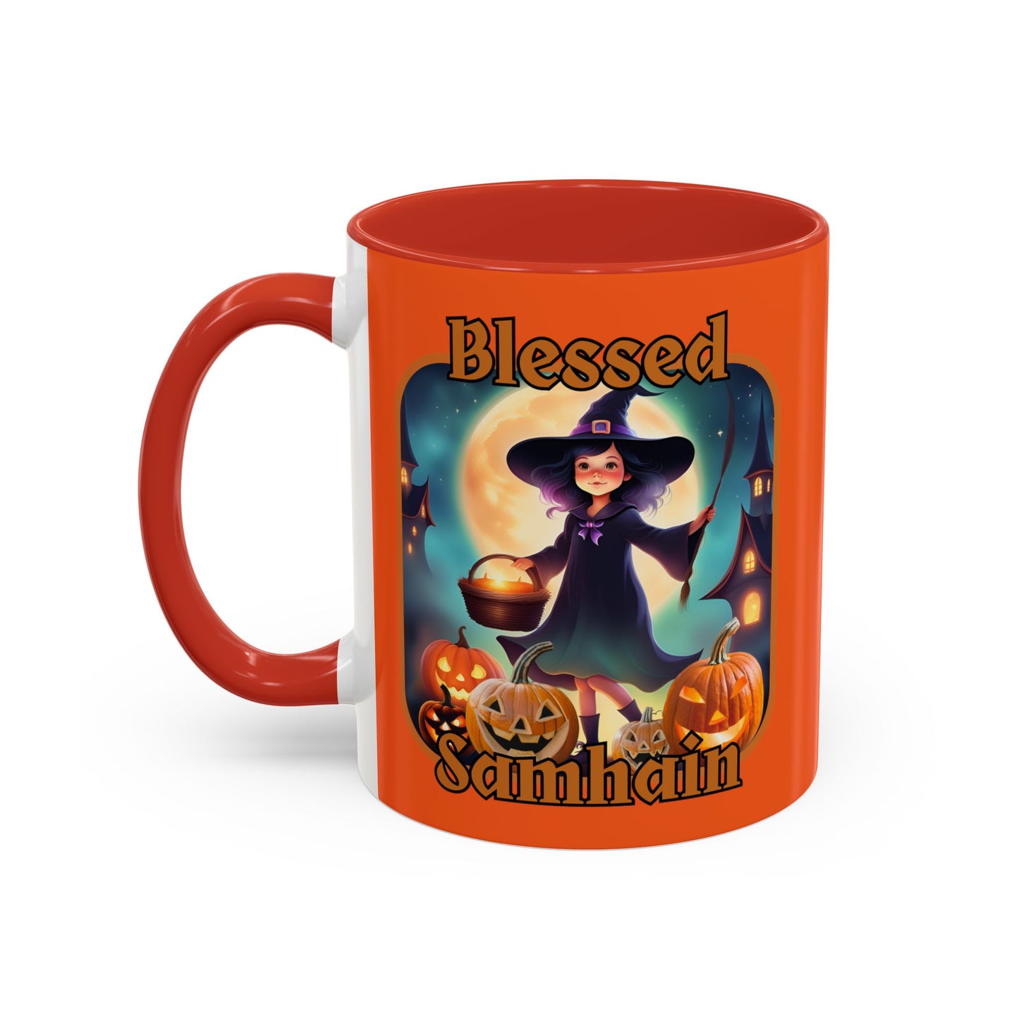 Blessed Samhain Little Witch Orange font Orange Accent Mug by CreepyCrafts.boo