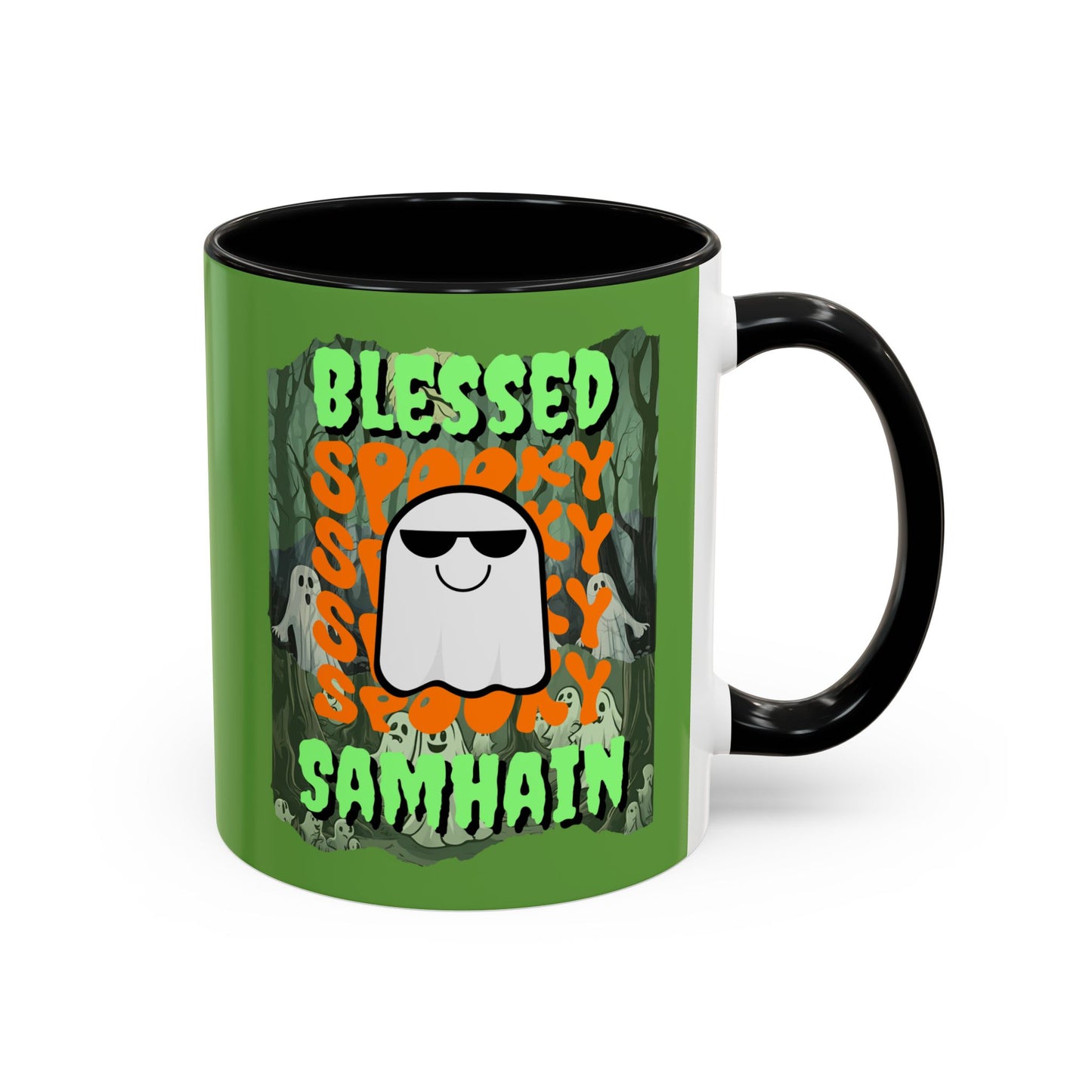 Spooky Blessed Samhain Ghost Green font Accent Mug by CreepyCrafts.boo