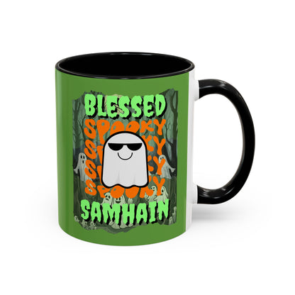 Spooky Blessed Samhain Ghost Green font Accent Mug by CreepyCrafts.boo