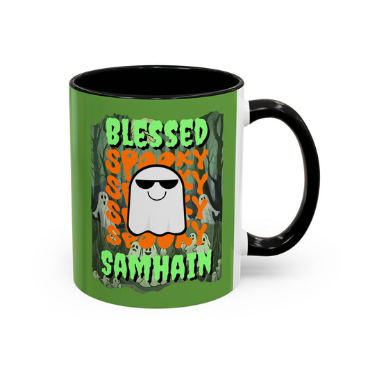 Spooky Blessed Samhain Ghost Green font Accent Mug by CreepyCrafts.boo