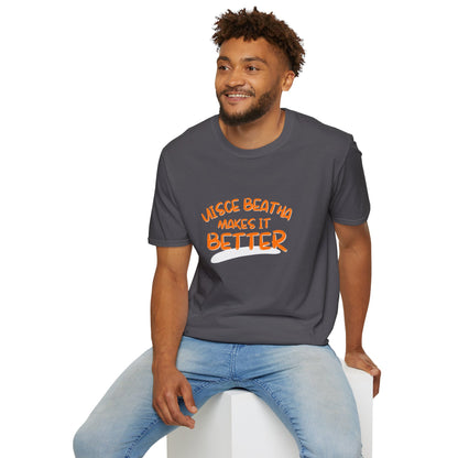 Uisce Beatha makes it better Orange font Dark colors Unisex T-Shirt by cypherpunkgear.com