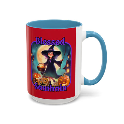 Blessed Samhain Little Witch Purple font Red Accent Mug by CreepyCrafts.boo