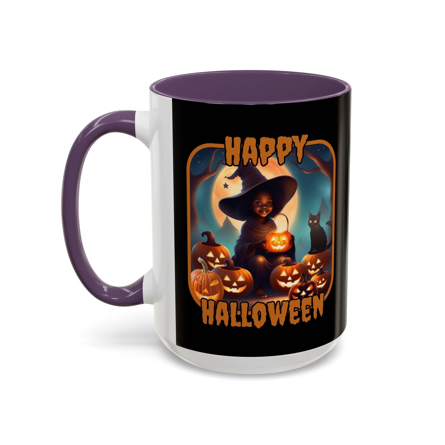 Happy Halloween Cute Witch Orange font Black Accent Mug by CreepyCrafts.boo