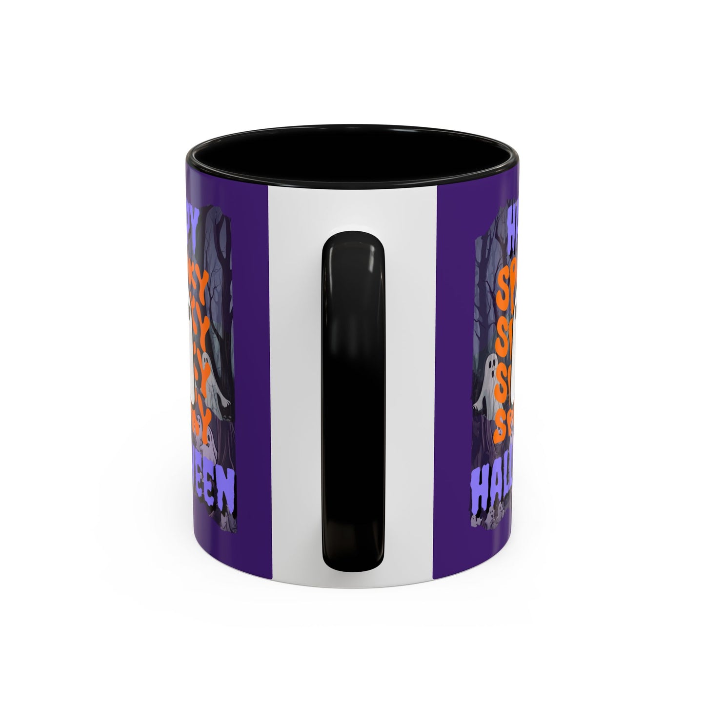Spooky Happy Halloween Ghost Purple font Purple Accent Mug by CreepyCrafts.boo