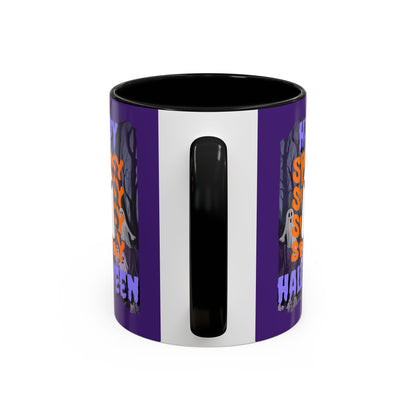 Spooky Happy Halloween Ghost Purple font Purple Accent Mug by CreepyCrafts.boo