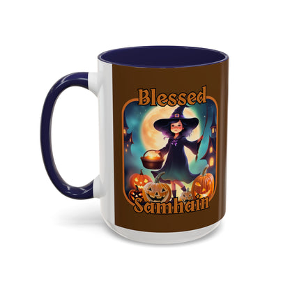 Blessed Samhain Little Witch Orange font Brown Accent Mug by CreepyCrafts.boo