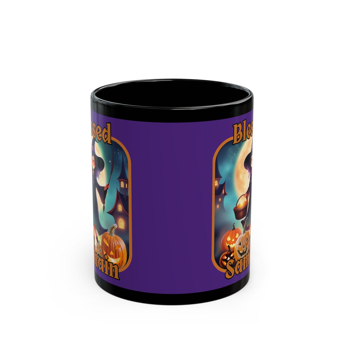 Blessed Samhain Little Witch Orange font Purple Mug by CreepyCrafts.boo