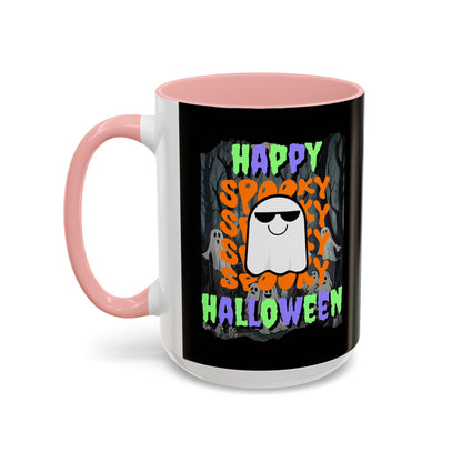 Spooky Happy Halloween Ghost Mixed font Black Accent Mug by CreepyCrafts.boo