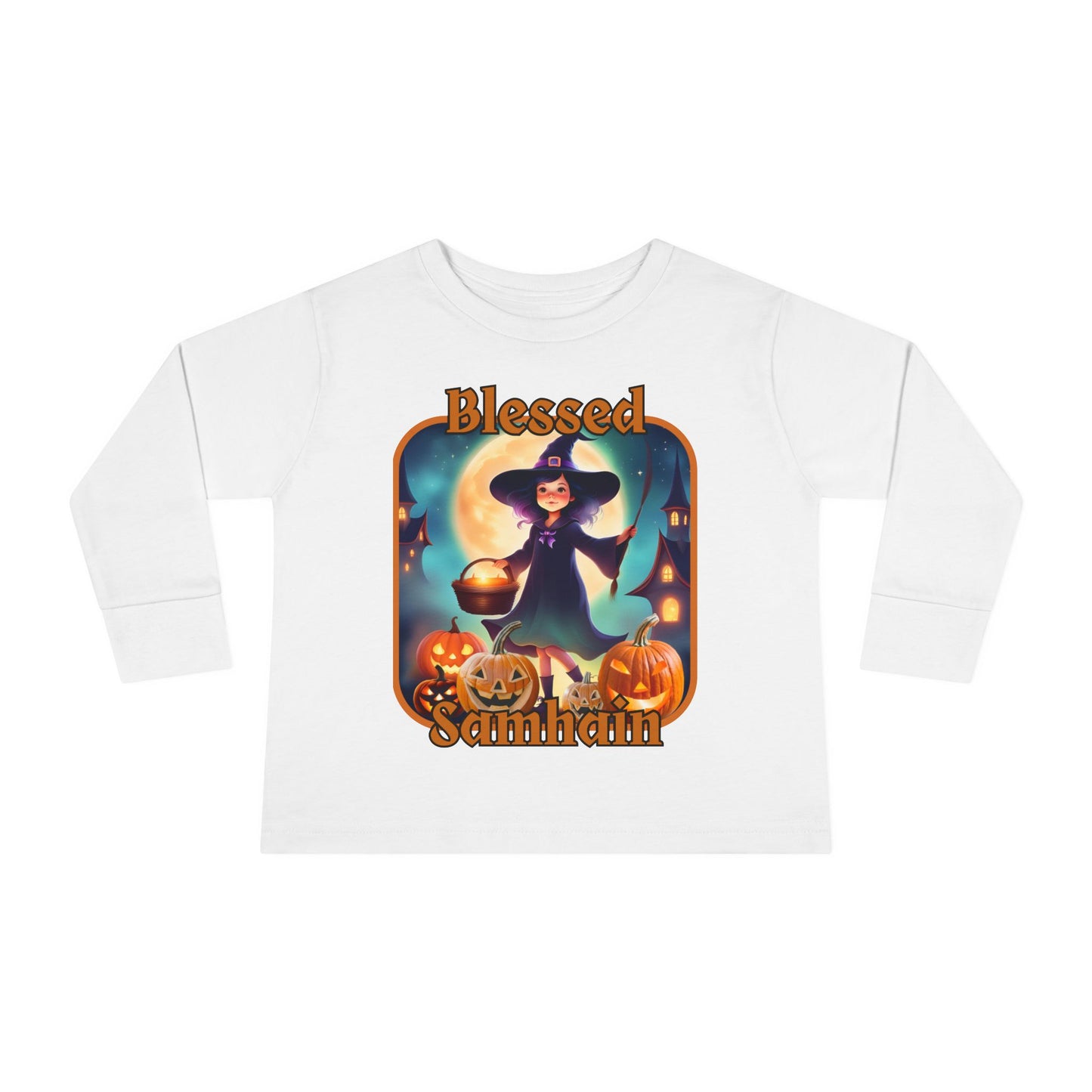 Blessed Samhain Little Witch Orange font Toddler Long Sleeve Tee by CreepyCrafts.boo