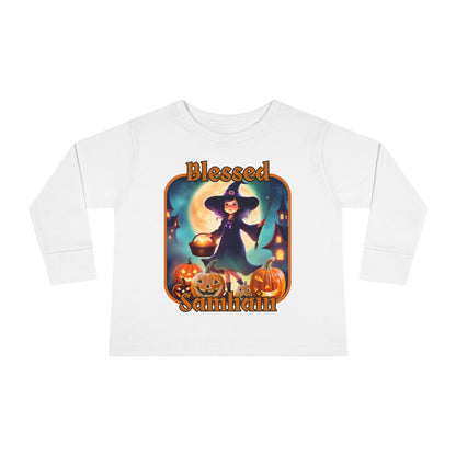 Blessed Samhain Little Witch Orange font Toddler Long Sleeve Tee by CreepyCrafts.boo