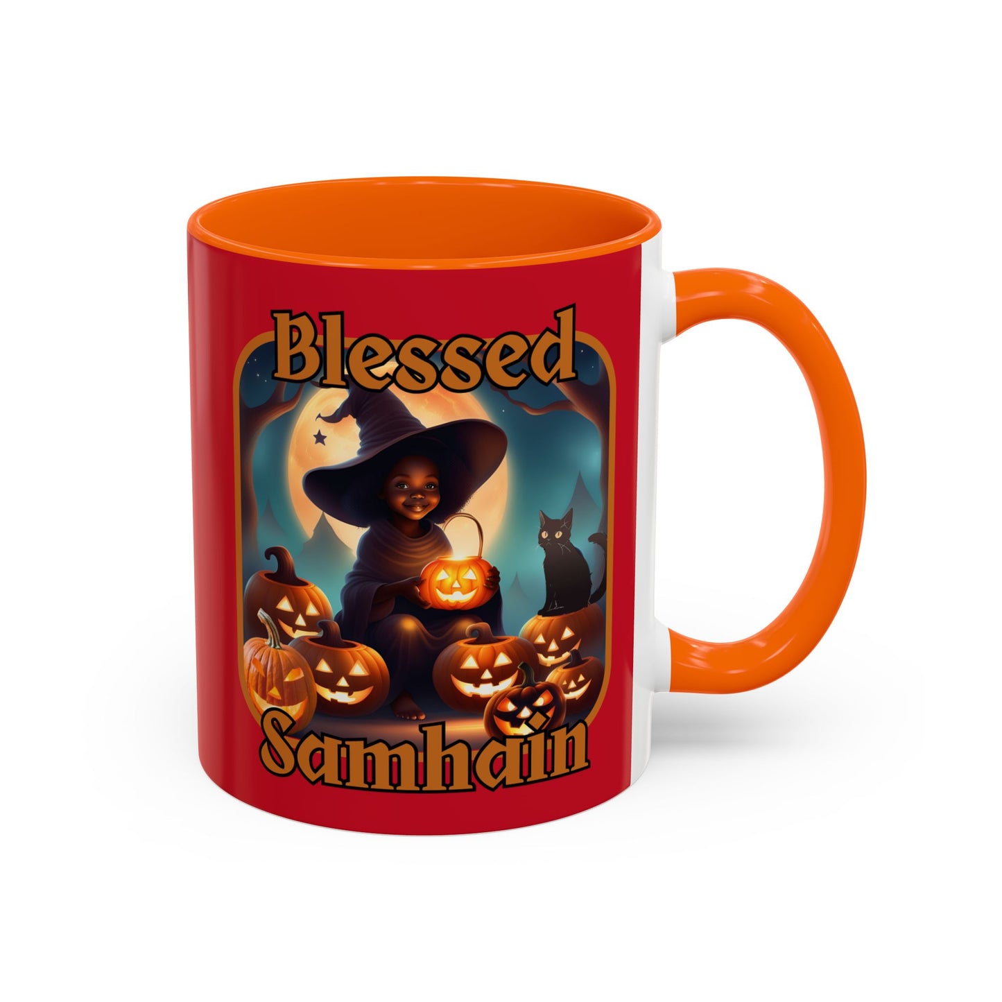 Blessed Samhain Cute Witch Orange font Red Accent Mug by CreepyCrafts.boo