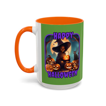Happy Halloween Cute Witch Purple font Green Accent Mug by CreepyCrafts.boo