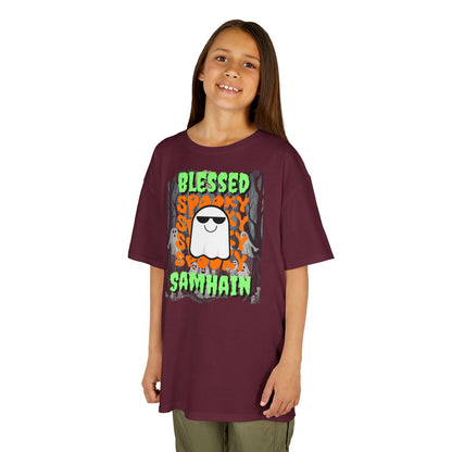 Spooky Blessed Samhain Ghost Green font Kids Heavy Cotton™ Tee by CreepyCrafts.boo