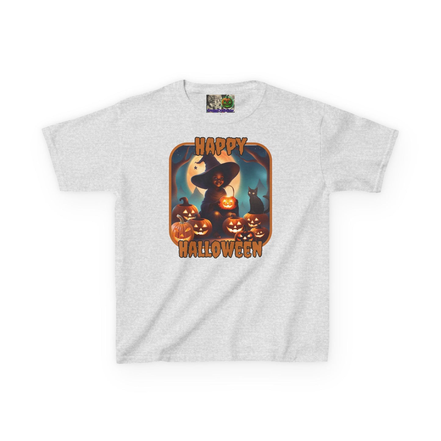 Happy Halloween Cute Witch Orange font Kids Heavy Cotton™ Tee by CreepyCrafts.boo