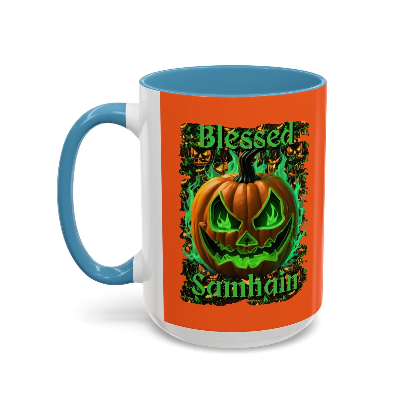 Blessed Samhain Green Jack Orange Accent Mug by CreepyCrafts.boo
