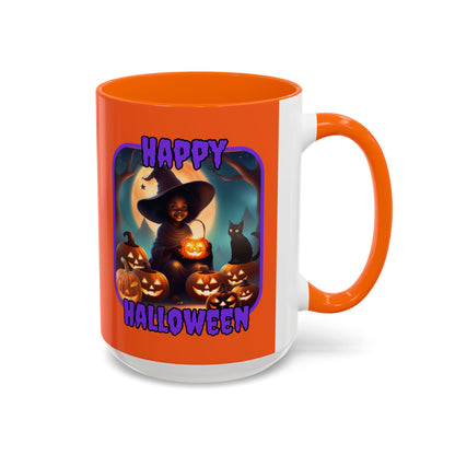 Happy Halloween Cute Witch Purple font Orange Accent Mug by CreepyCrafts.boo