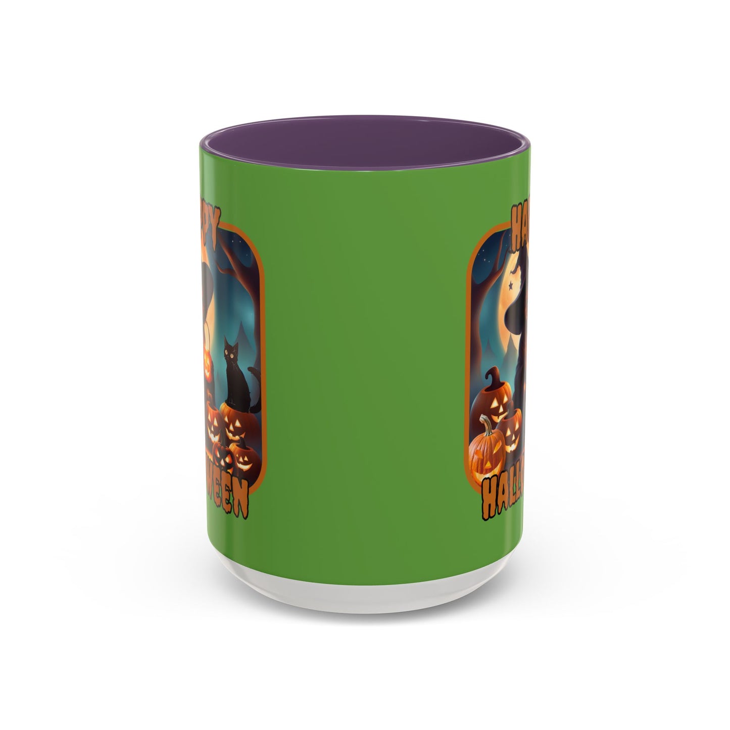 Happy Halloween Cute Witch Orange font Green Accent Mug by CreepyCrafts.boo