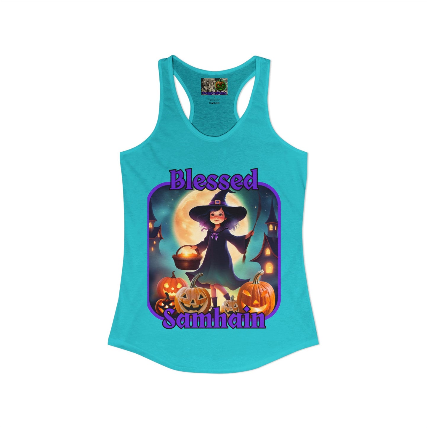 Blessed Samhain Little Witch Purple font Women's Racerback Tank Top by CreepyCrafts.boo