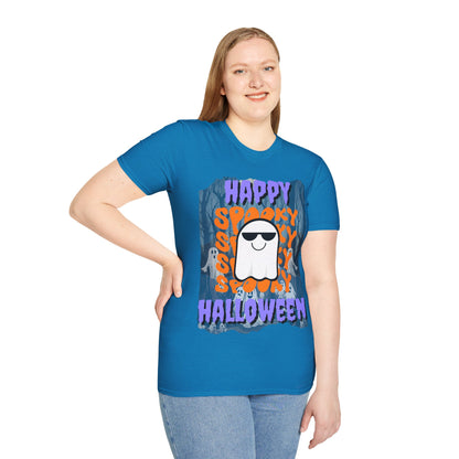 Spooky Happy Halloween Ghost Dark colors Purple font Unisex T-Shirt by CreepyCrafts.boo