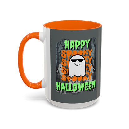 Spooky Happy Halloween Ghost Green font Grey Accent Mug by CreepyCrafts.boo