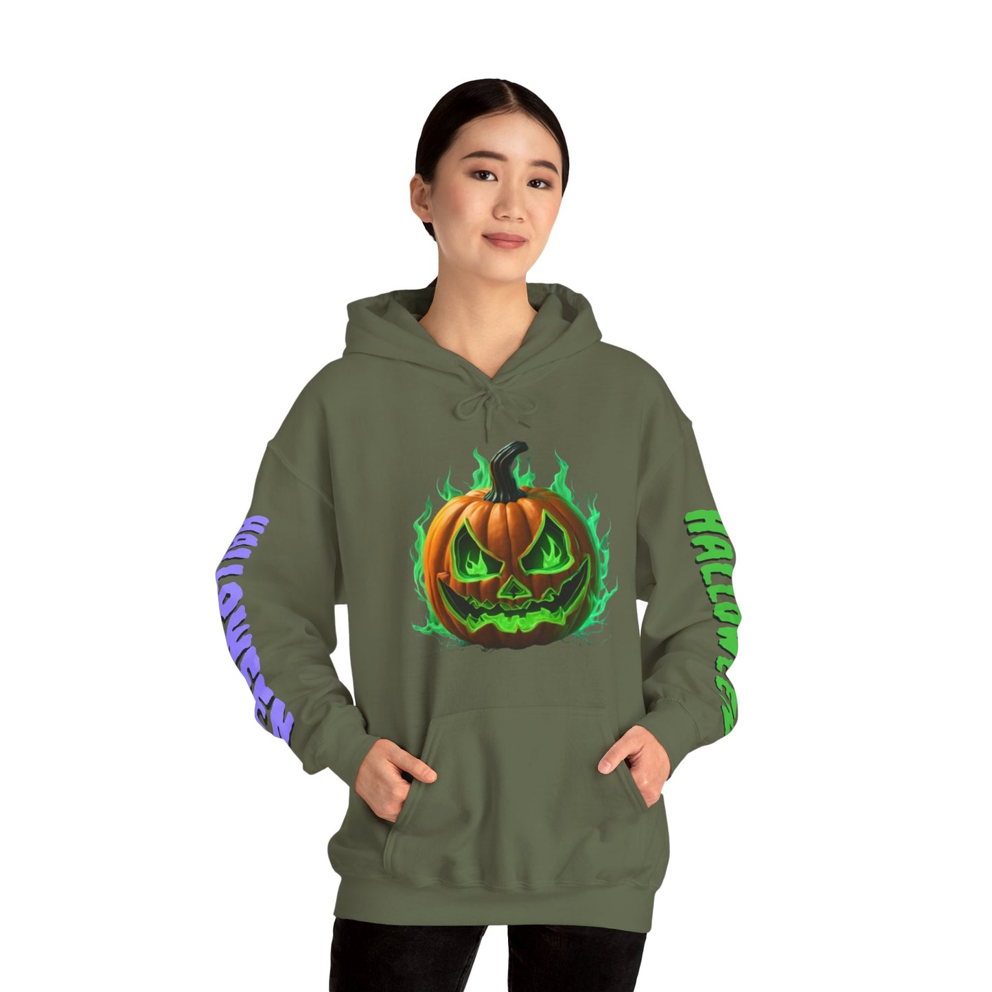 Happy Halloween Green Jack Hoodie Unisex Hooded Sweatshirt by CreepyCrafts.boo
