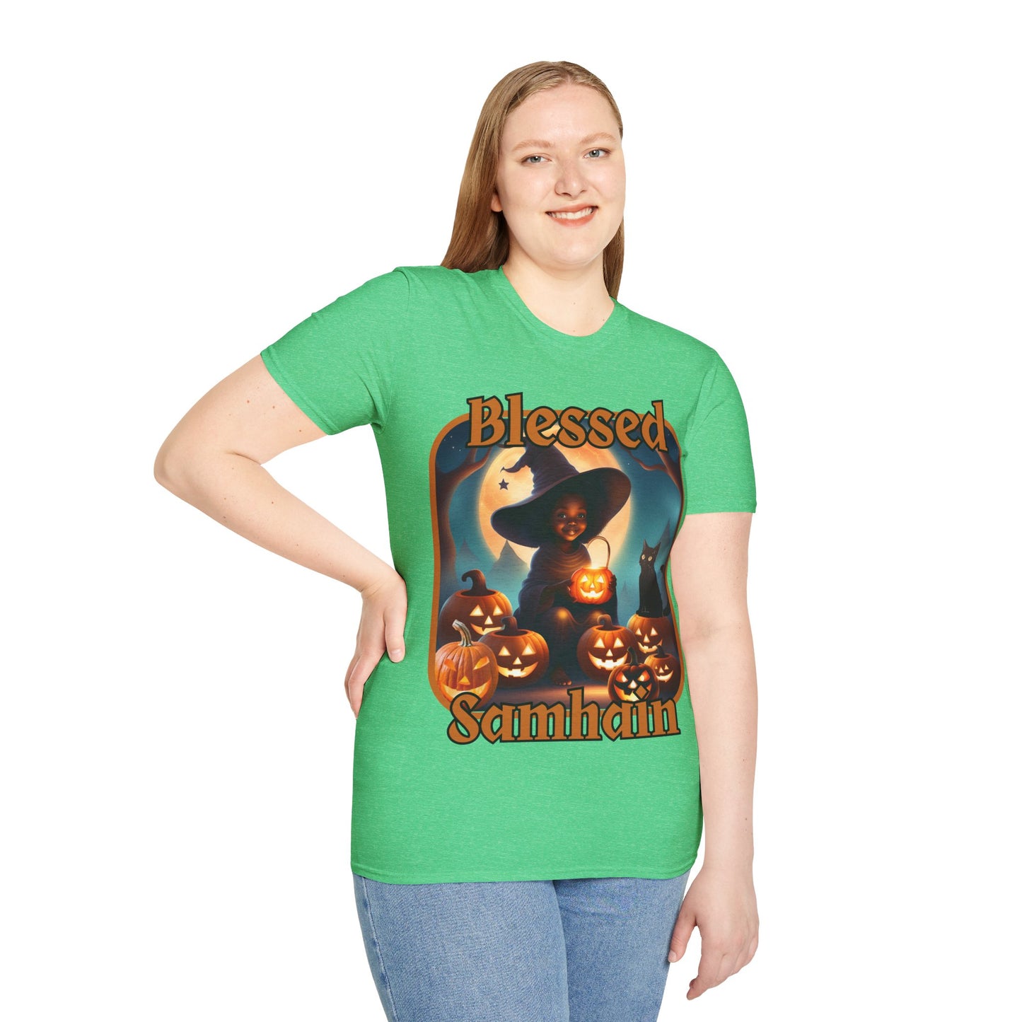 Blessed Samhain Cute Witch Orange font Dark colors Unisex T-Shirt by CreepyCrafts.boo