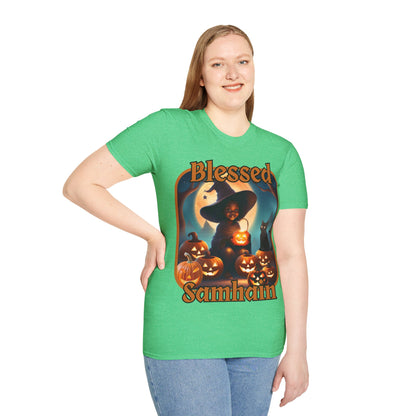 Blessed Samhain Cute Witch Orange font Dark colors Unisex T-Shirt by CreepyCrafts.boo