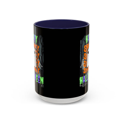 Spooky Happy Halloween Ghost Mixed font Black Accent Mug by CreepyCrafts.boo