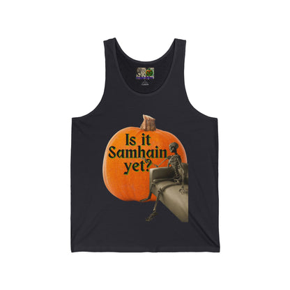 Is It Samhain Yet? Skeleton's Giant Pumpkin Unisex Jersey Tank Top by CreepyCrafts.boo
