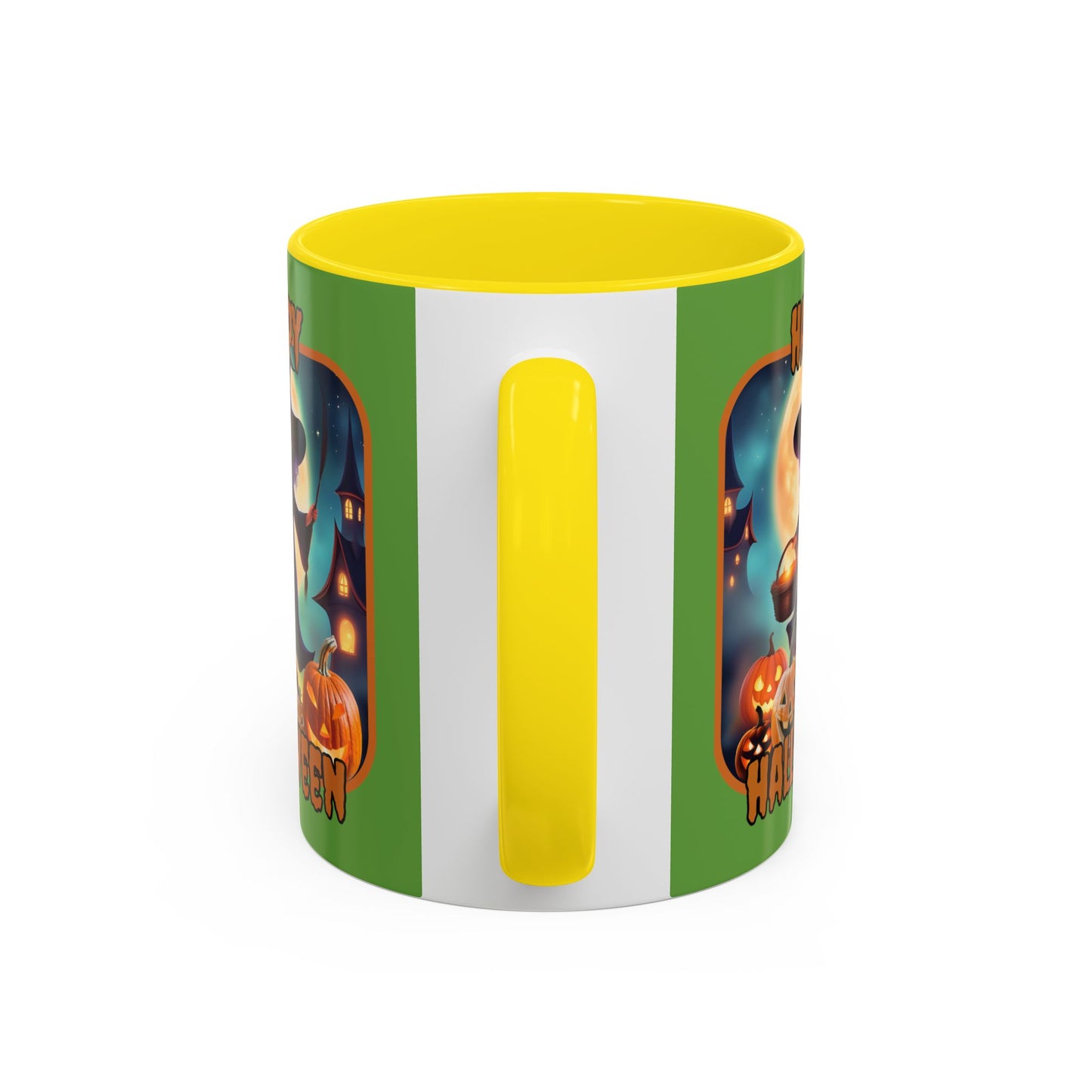 Happy Halloween Little Witch Orange font Green Accent Mug by CreepyCrafts.boo