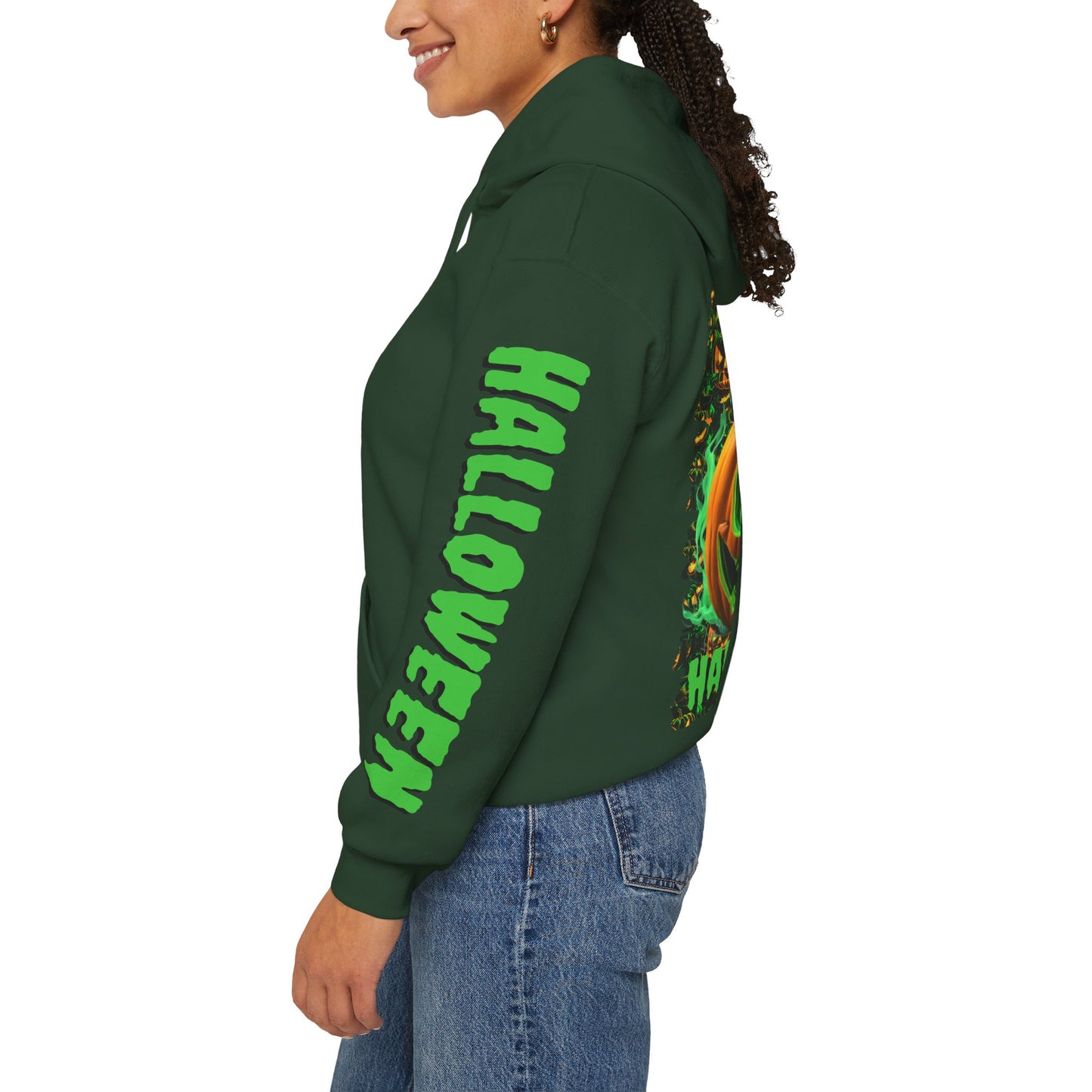 Happy Halloween Green Jack Hoodie Unisex Hooded Sweatshirt by CreepyCrafts.boo