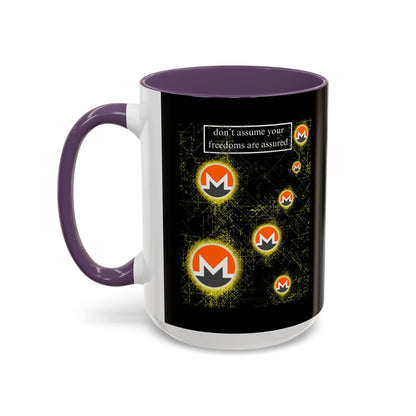 Monero (XMR) don't assume your freedoms are assured Black Accent Mug by cypherpunkgear.com