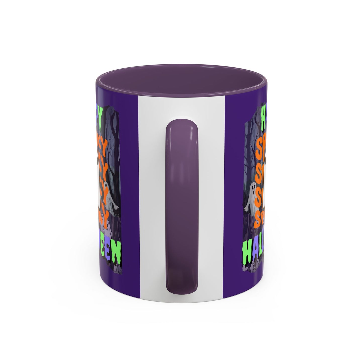 Spooky Happy Halloween Ghost Mixed font Purple Accent Mug by CreepyCrafts.boo