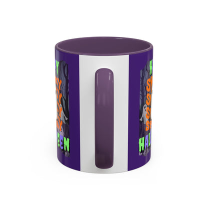 Spooky Happy Halloween Ghost Mixed font Purple Accent Mug by CreepyCrafts.boo