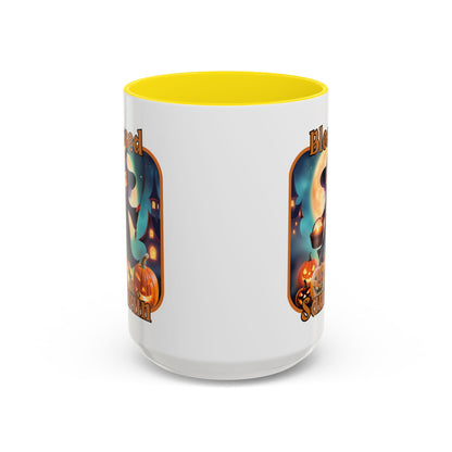 Blessed Samhain Little Witch Orange font White Accent Mug by CreepyCrafts.boo