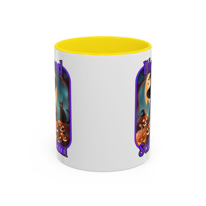 Blessed Samhain Cute Witch Purple font White Accent Mug by CreepyCrafts.boo