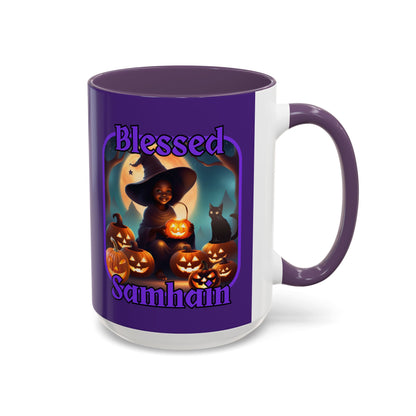 Blessed Samhain Cute Witch Purple font Purple Accent Mug by CreepyCrafts.boo