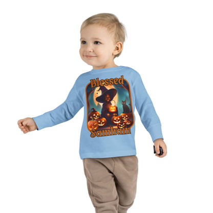 Blessed Samhain Cute Witch Orange font Toddler Long Sleeve Tee by CreepyCrafts.boo