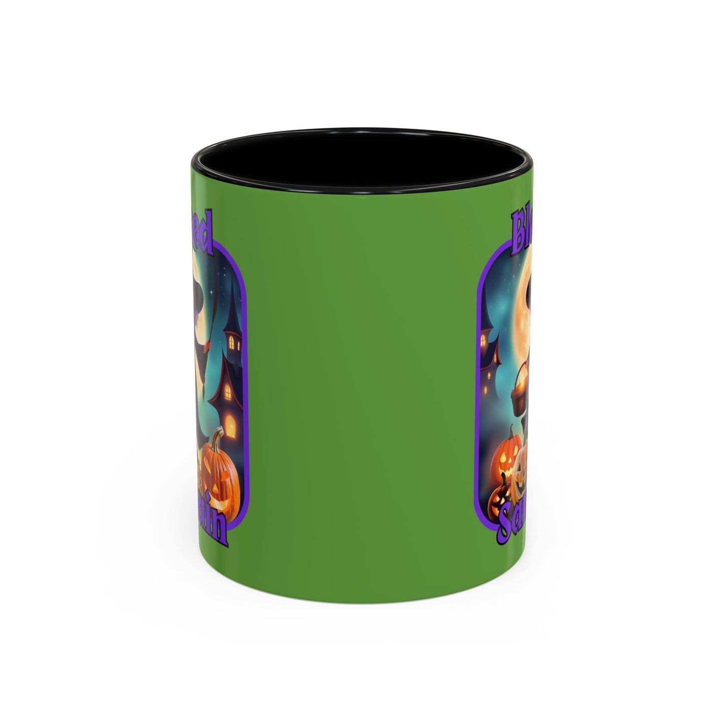 Blessed Samhain Little Witch Purple font Green Accent Mug by CreepyCrafts.boo