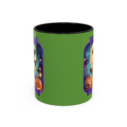Blessed Samhain Little Witch Purple font Green Accent Mug by CreepyCrafts.boo