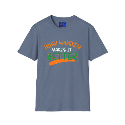 Irish Whiskey makes it better Orange, White, and Green font Dark colors Unisex T-Shirt by cypherpunkgear.com