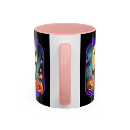 Blessed Samhain Little Witch Purple font Black Accent Mug by CreepyCrafts.boo