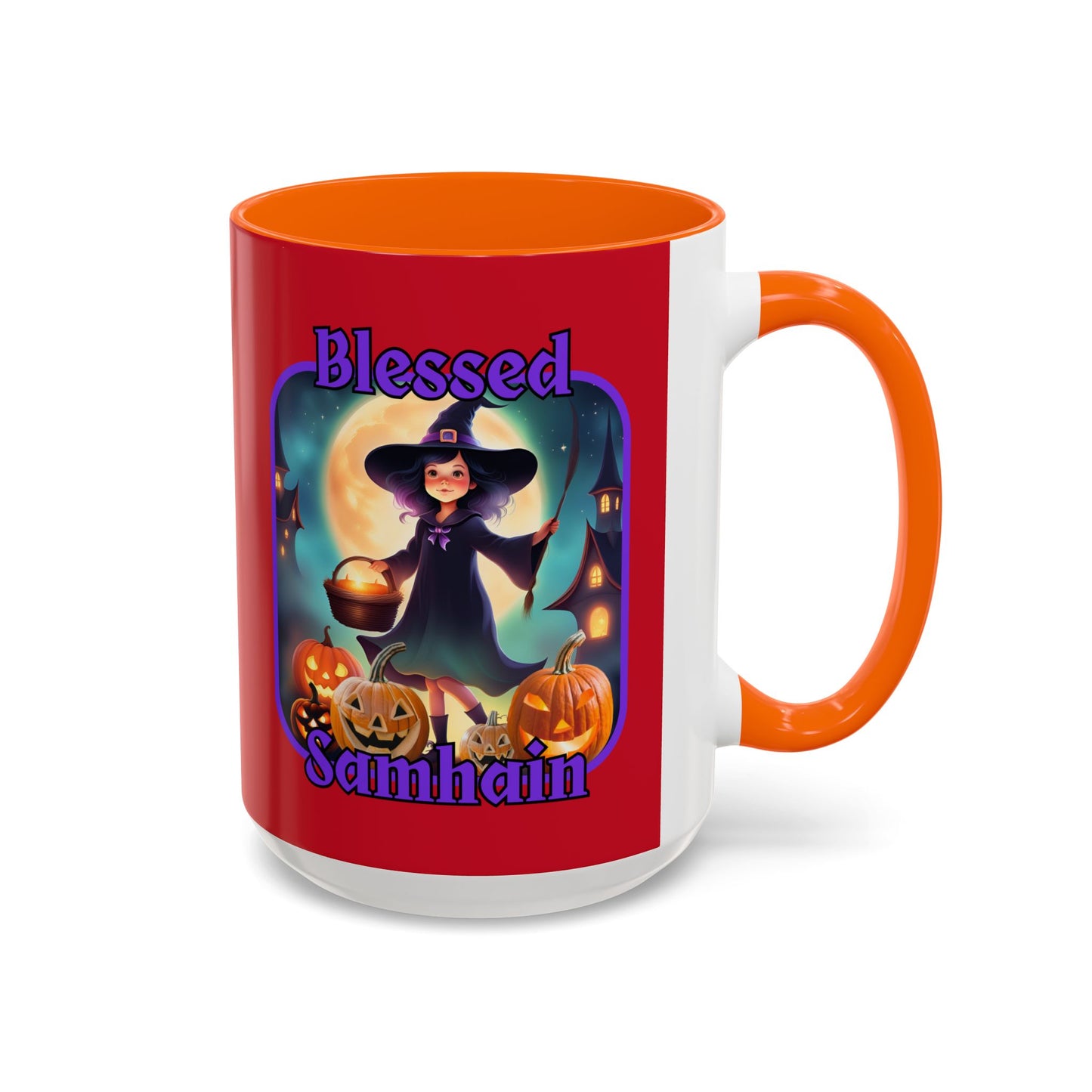 Blessed Samhain Little Witch Purple font Red Accent Mug by CreepyCrafts.boo