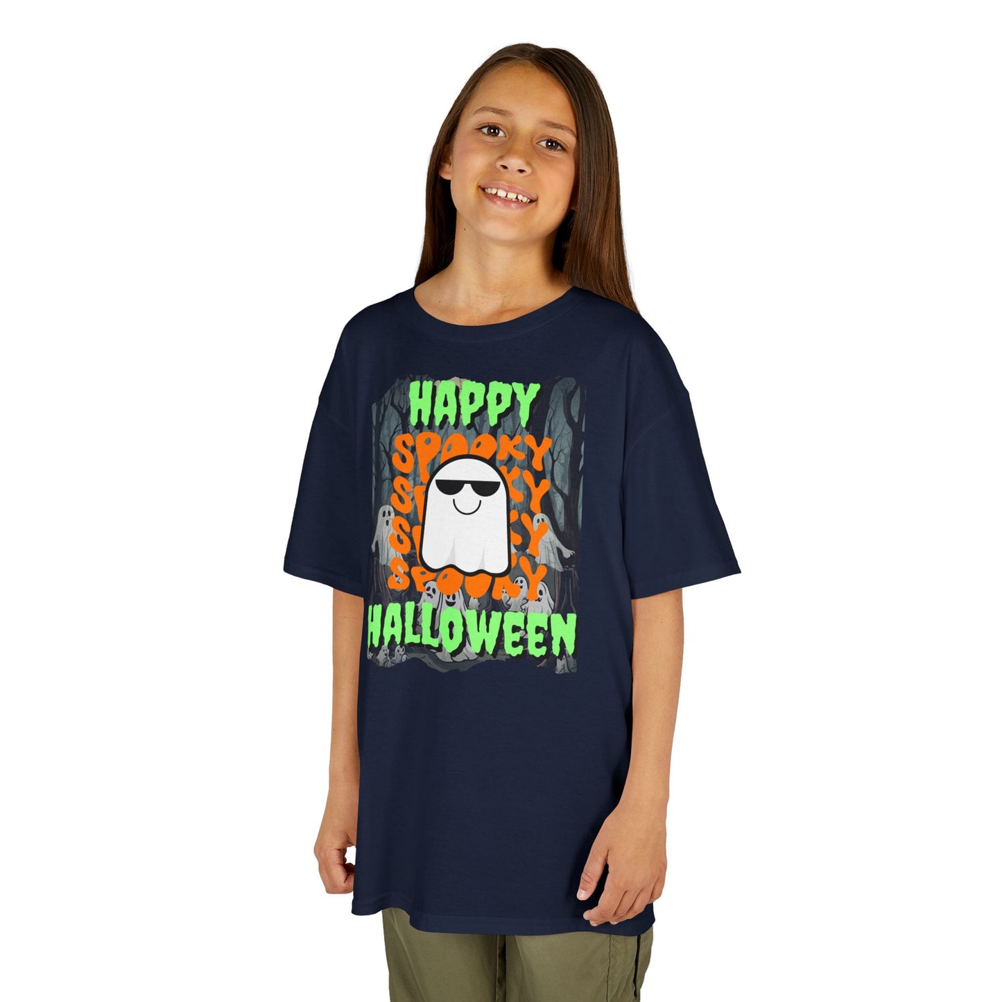 Spooky Happy Halloween Ghost Green font Kids Heavy Cotton™ Tee by CreepyCrafts.boo