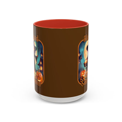 Blessed Samhain Little Witch Orange font Brown Accent Mug by CreepyCrafts.boo