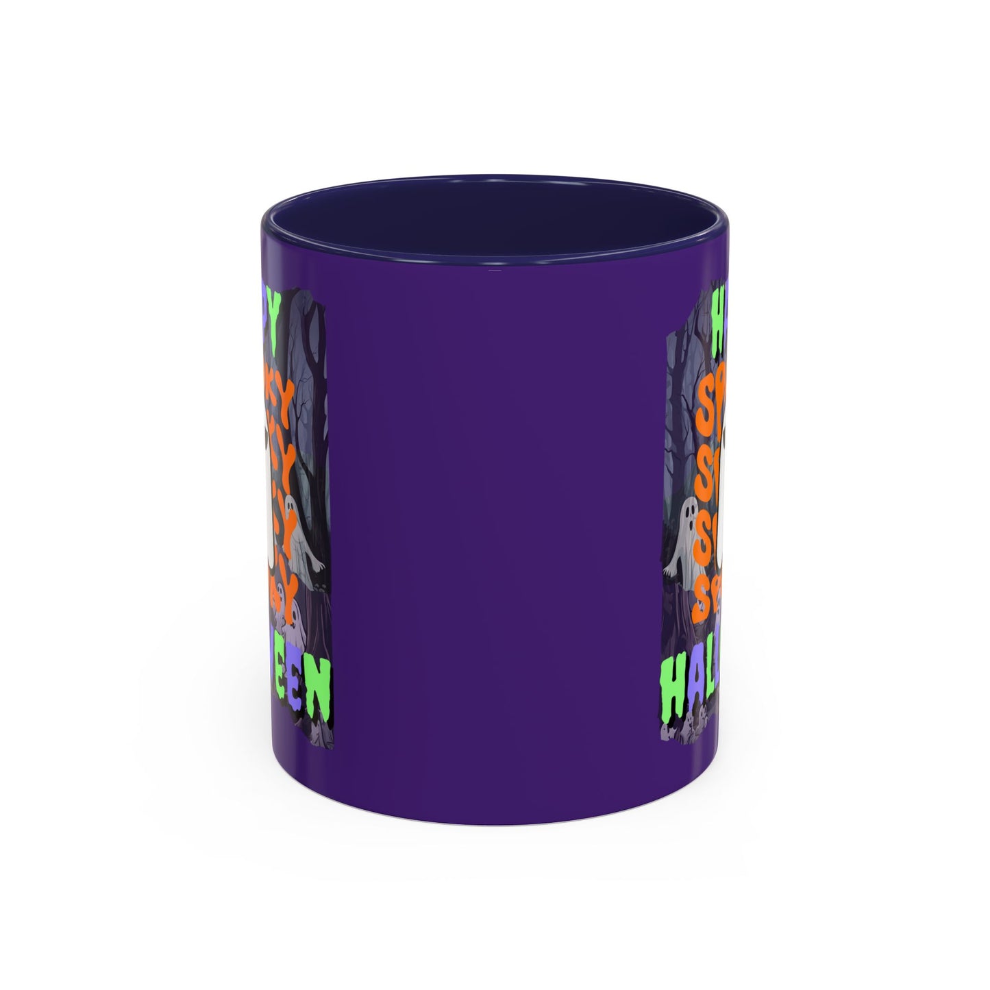 Spooky Happy Halloween Ghost Mixed font Purple Accent Mug by CreepyCrafts.boo