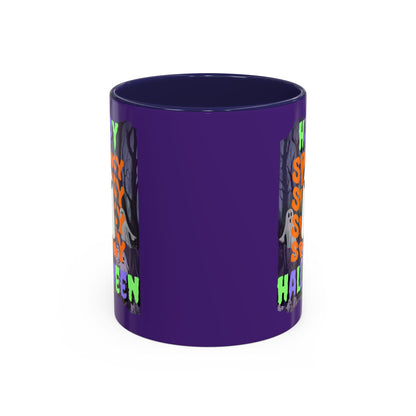 Spooky Happy Halloween Ghost Mixed font Purple Accent Mug by CreepyCrafts.boo