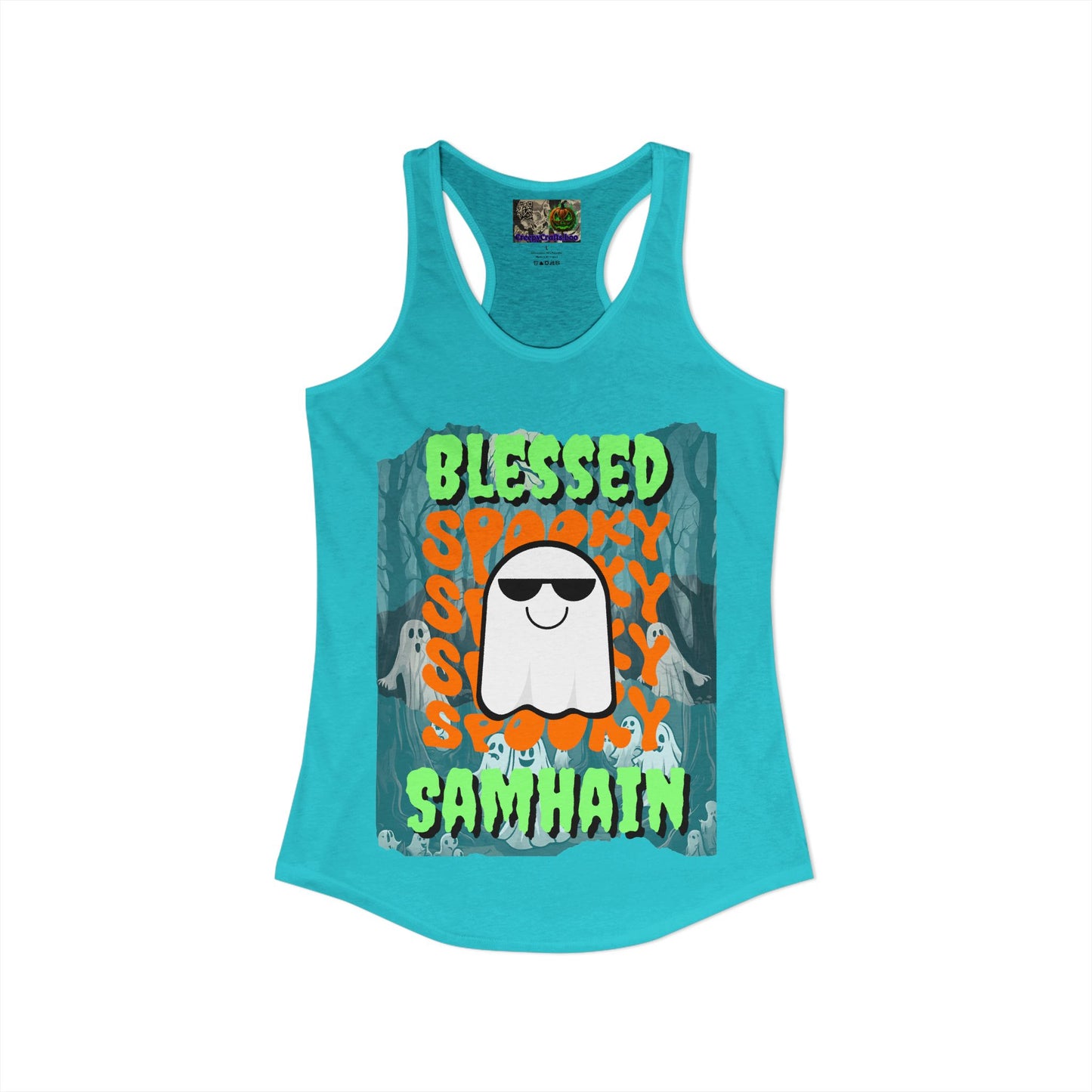Spooky Blessed Samhain Ghost Green font Women's Racerback Tank Top by CreepyCrafts.boo
